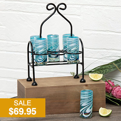 Desert Azul Tequila Shot Glass Caddy with 6 Glasses